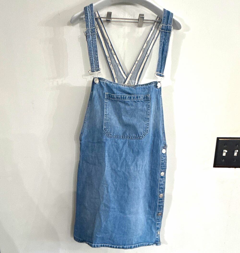 Free People Blue Solid Denim Overall Dress Square Neck Sleeveless Button Size 12